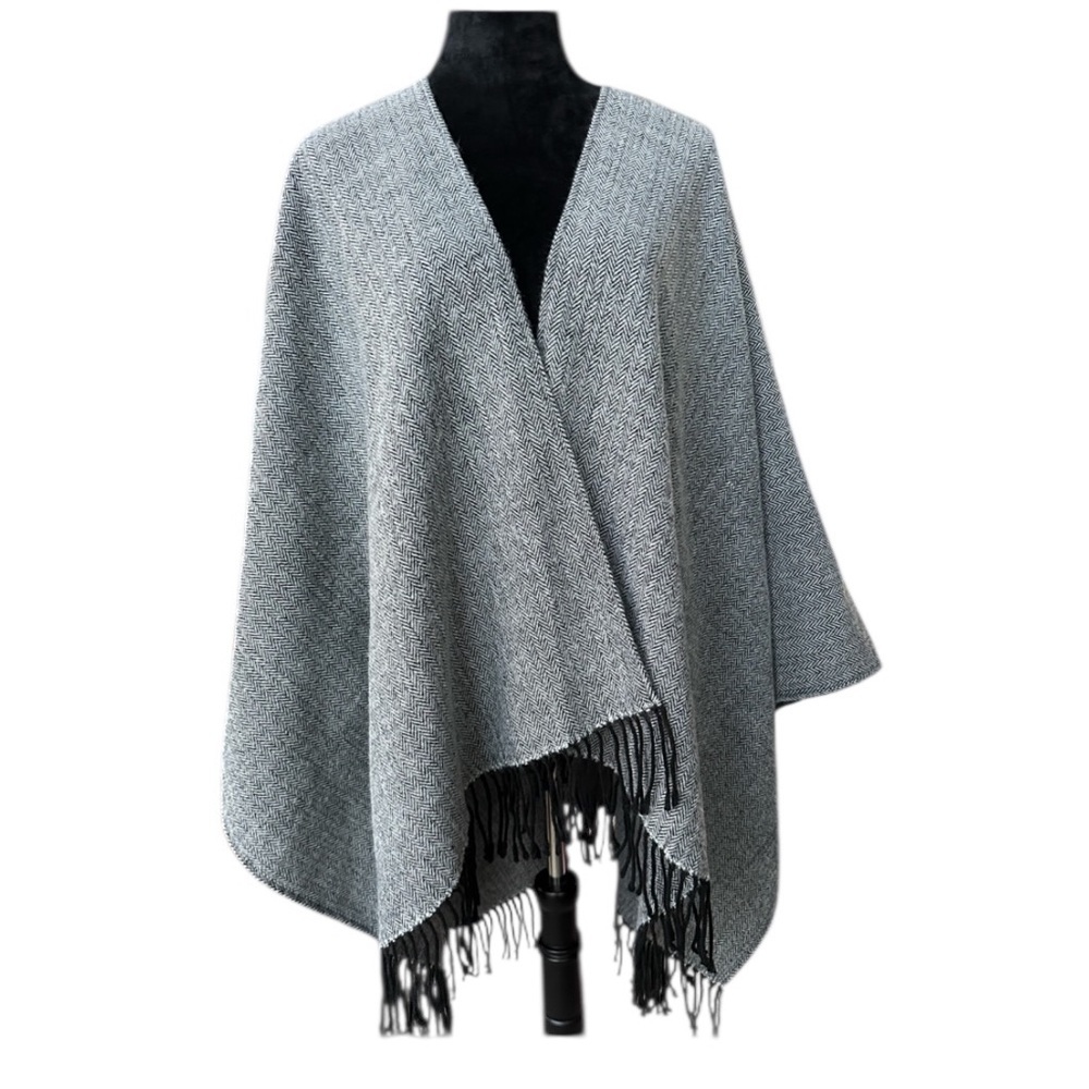 Nordstrom Herringbone Poncho with Black Accents OS